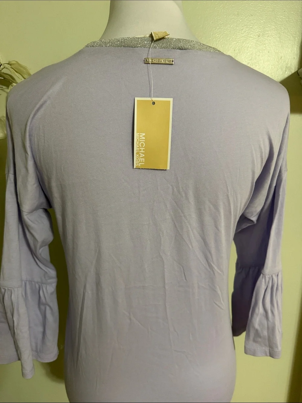 Michael Kors Lavender Ruffle-Sleeve Top with Silver Neckline